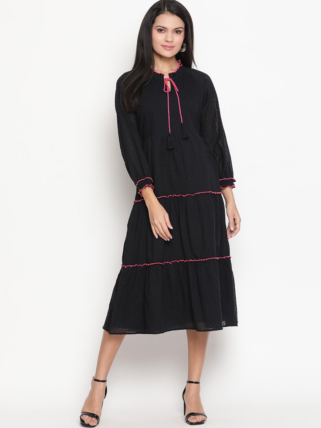 

HOUSE OF KKARMA Tie-Up Neck Cotton A-Line Midi Dress, Black