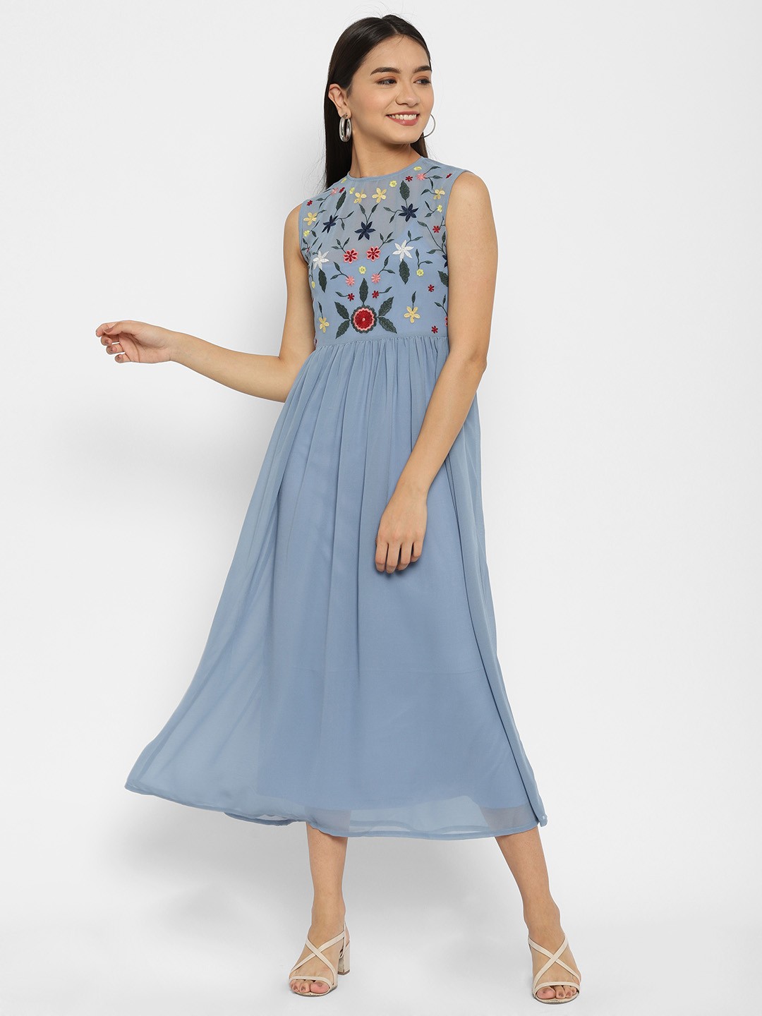 

HOUSE OF KKARMA Floral Embroidered Sleeveless Georgette Fit & Flare Midi Dress, Navy blue