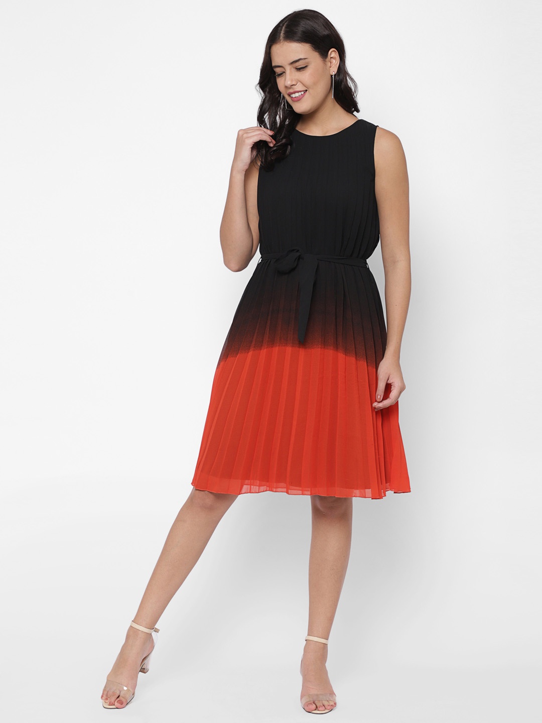 

HOUSE OF KKARMA Ombre Crepe Sleeveless Tie-Ups Fit & Flare Dress, Orange