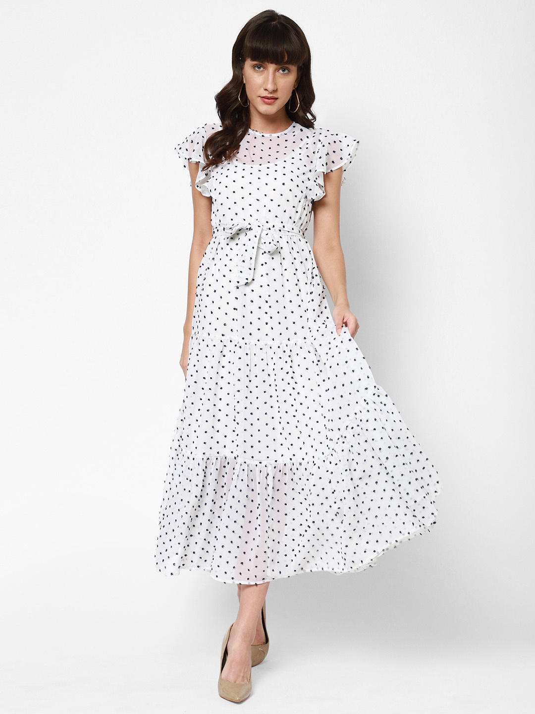 

HOUSE OF KKARMA Polka Dots Printed Flutter Sleeves Georgette Tie Up Tiered Maxi Dress, White