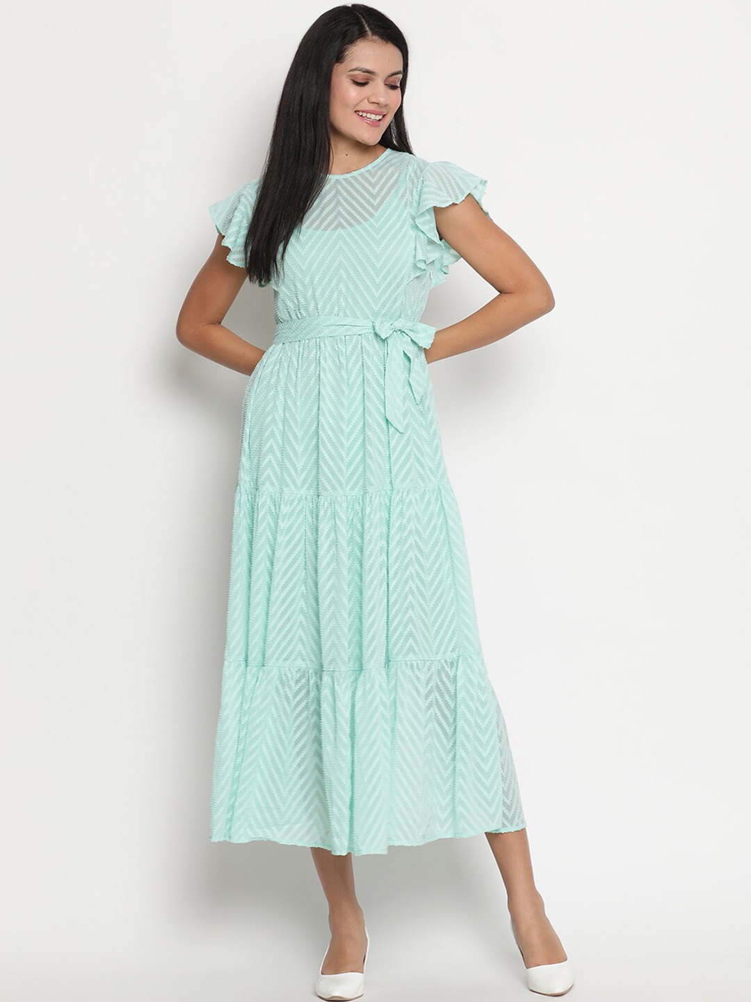 

HOUSE OF KKARMA Striped Flutter Sleeve Crepe Fit & Flare Midi Dress, Green