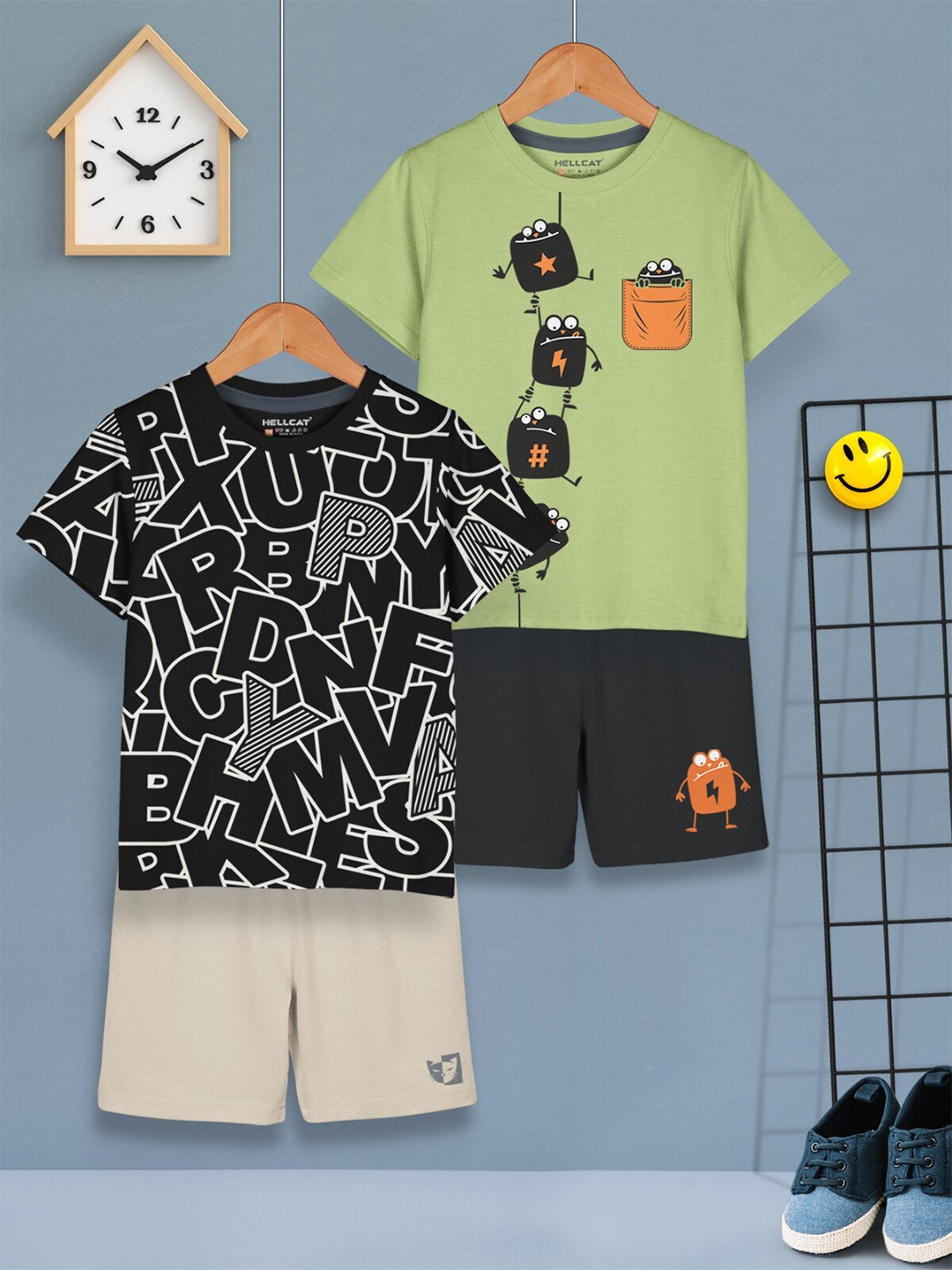

HELLCAT Boys Pack Of 2 Printed T-shirt with Shorts, Black