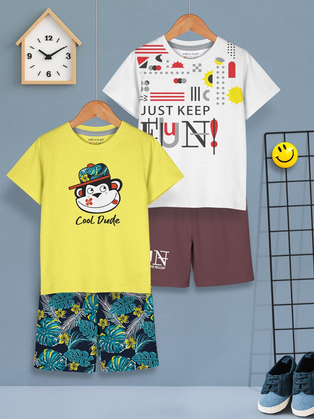 

HELLCAT Boys Pack Of 2 Printed T-shirt with Shorts, Yellow