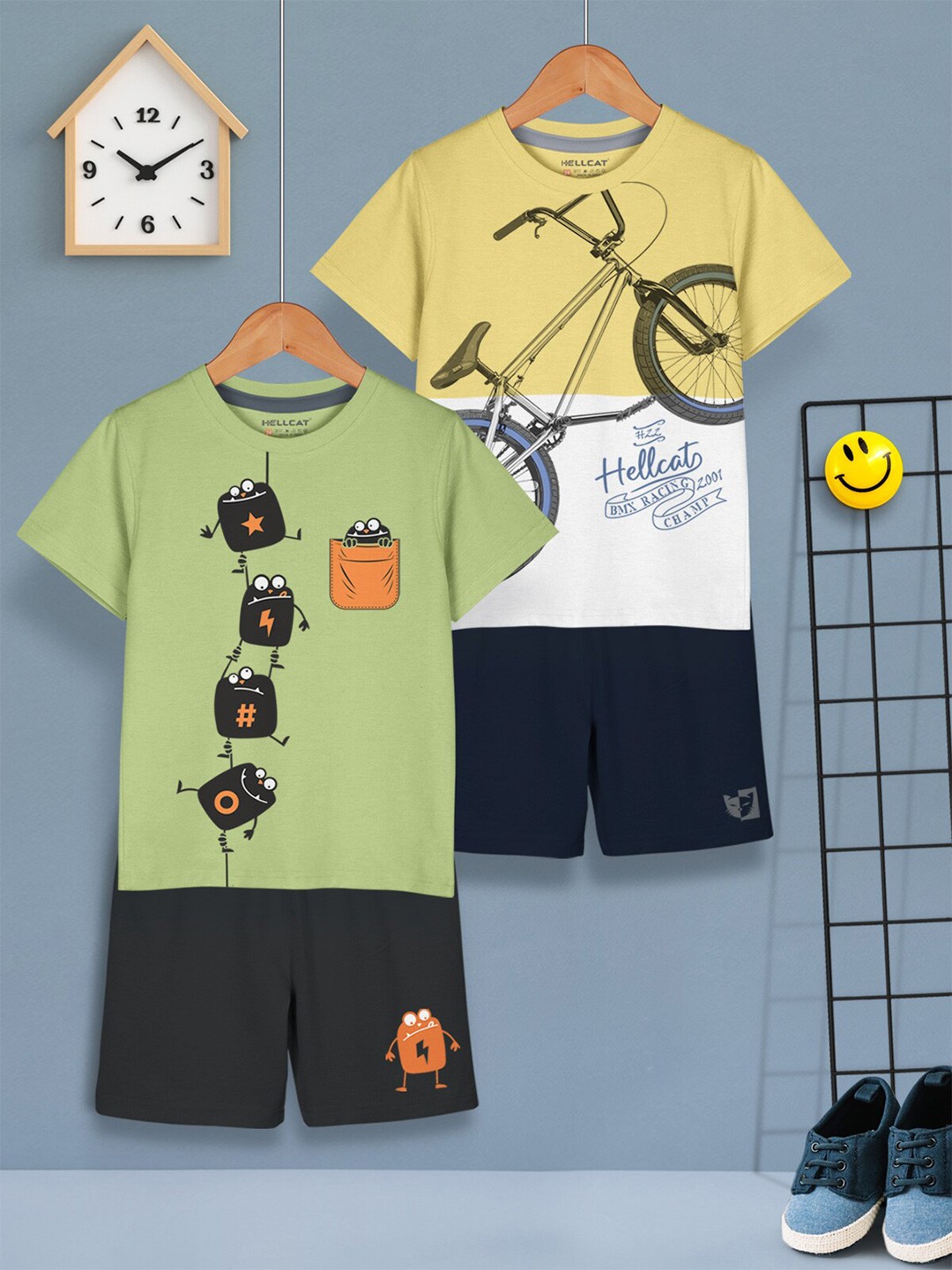 

HELLCAT Boys Pack Of 2 Printed T-shirt with Shorts, Yellow