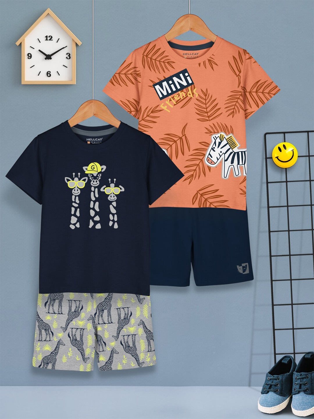 

HELLCAT Boys Pack Of 2 Printed T-shirt with Shorts, Orange