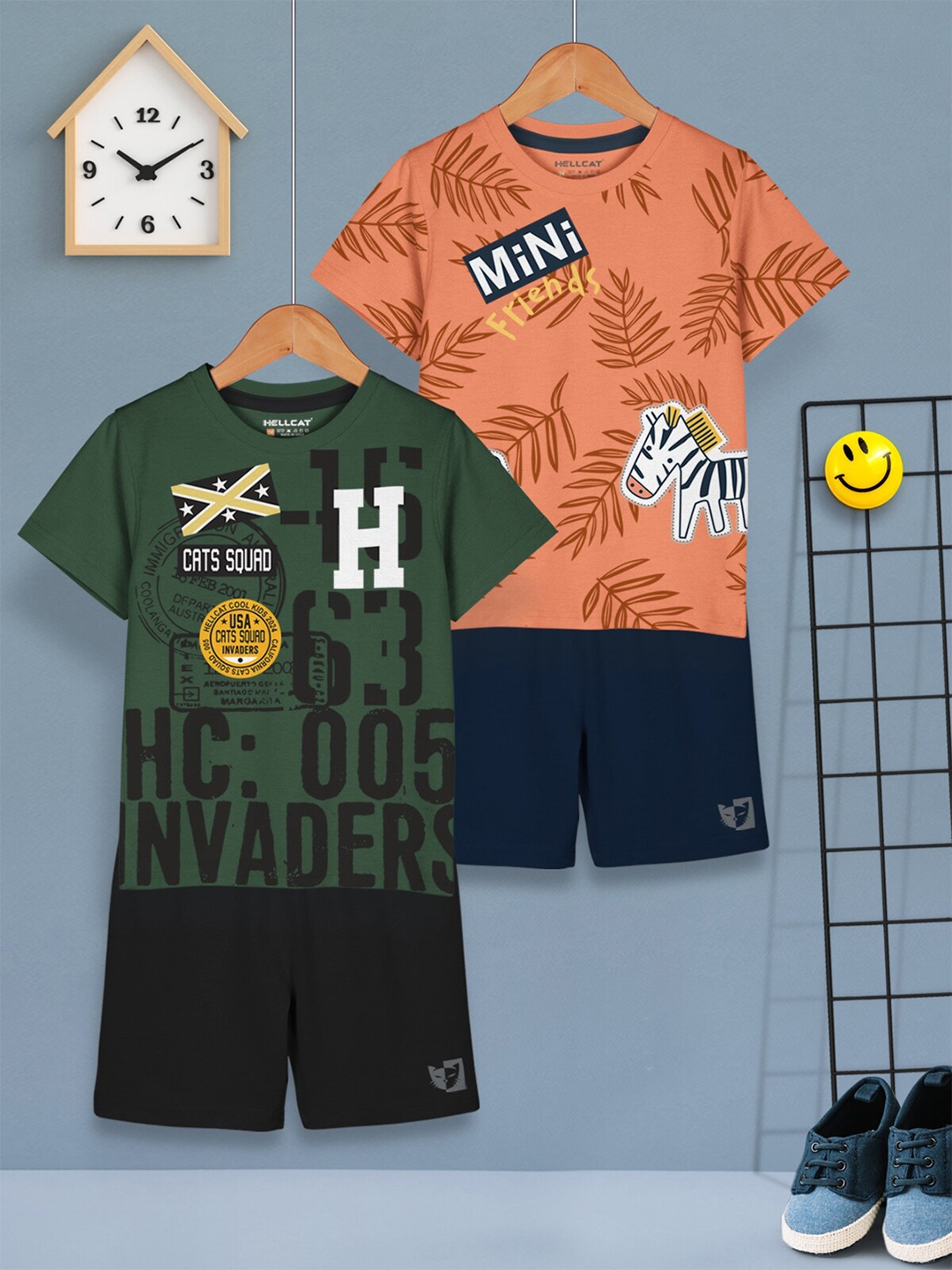 

HELLCAT Boys Pack Of 2 Printed T-shirt With Shorts, Orange
