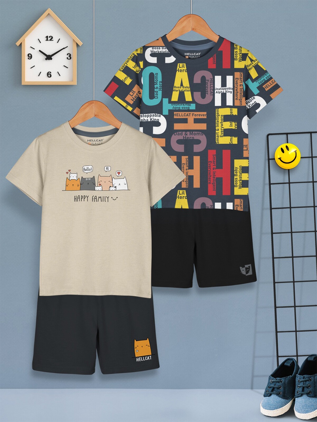 

HELLCAT Boys Pack Of 2 Printed T-shirt with Shorts, Black