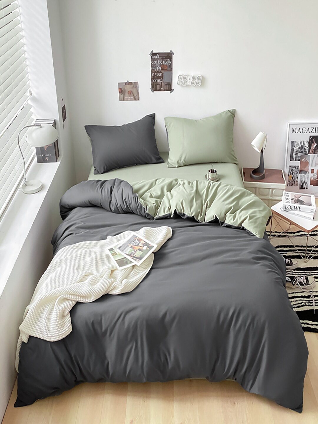 

JC HOME Grey & Lime Green 4 Pieces AC Room Double King Bedding Set