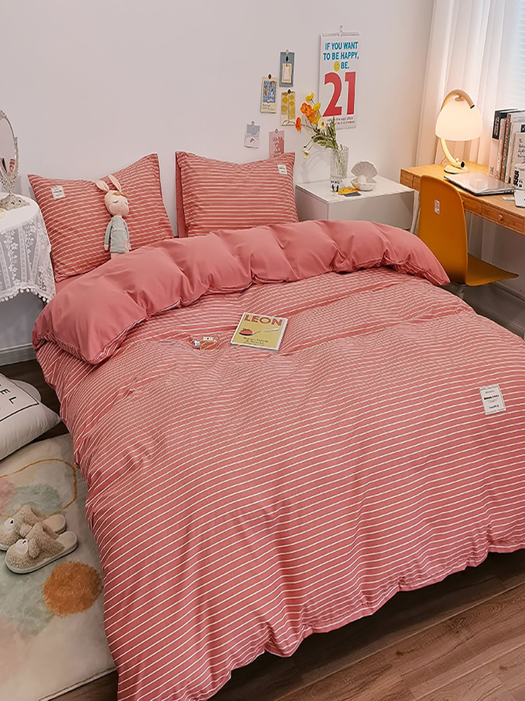 

JC HOME Pink & White Striped Regular Double Queen Bedding Set