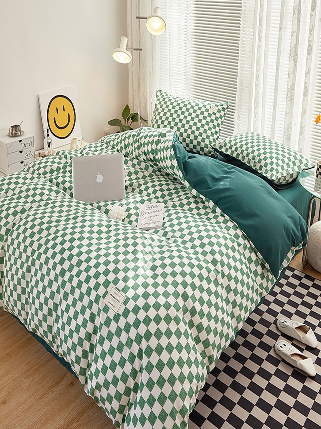 

JC HOME Green and White AC Room Checked Double Queen Bedding Set