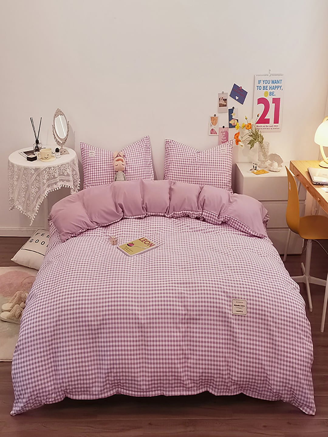 

JC HOME Purple & White Checked Bedding Set