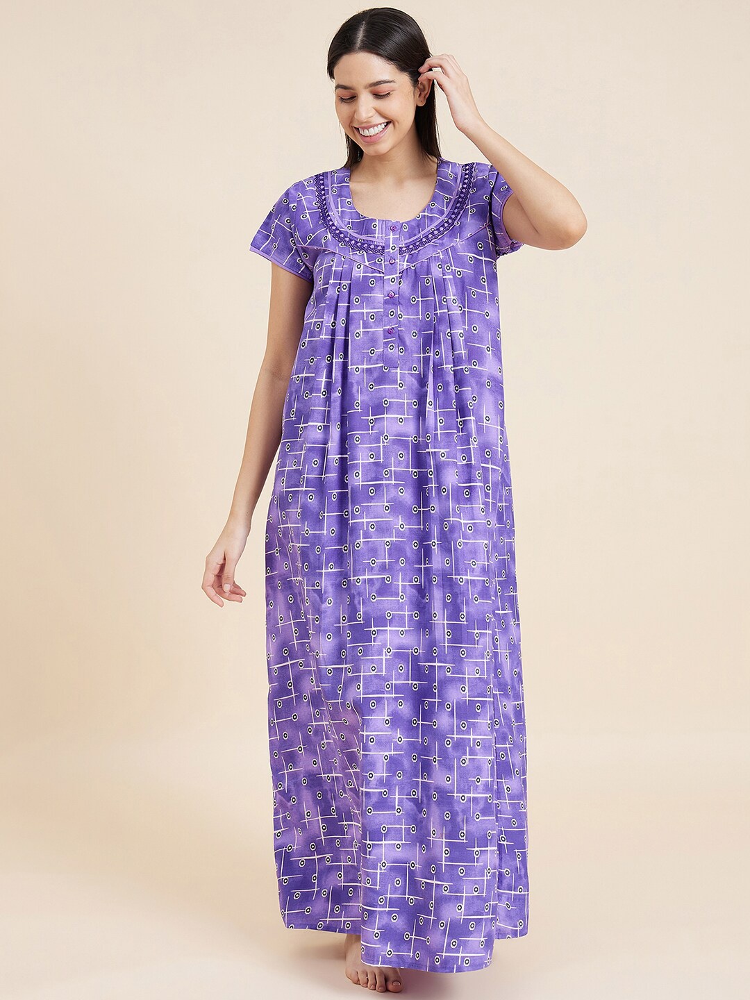 

Sweet Dreams Geometric Printed Pure Cotton Maxi Nightdress, Purple