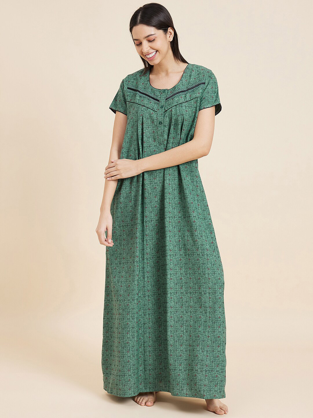 

Sweet Dreams Green Geometric Printed Round Neck Short Sleeves Maxi Nightdress