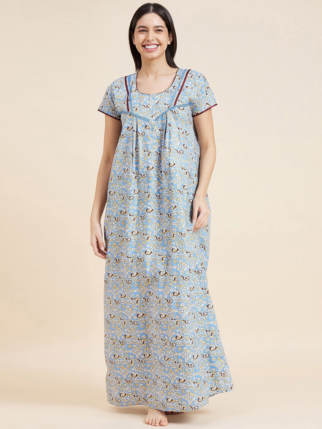 

Sweet Dreams Ethnic Motifs Printed Maxi Nightdress, Blue
