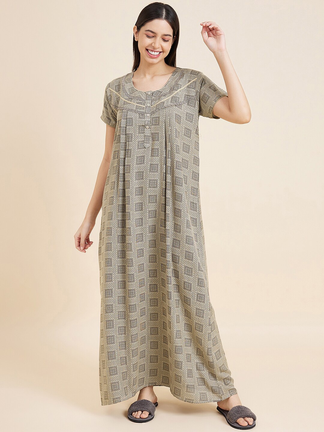 

Sweet Dreams Grey Ethnic Printed Maxi Nightdress