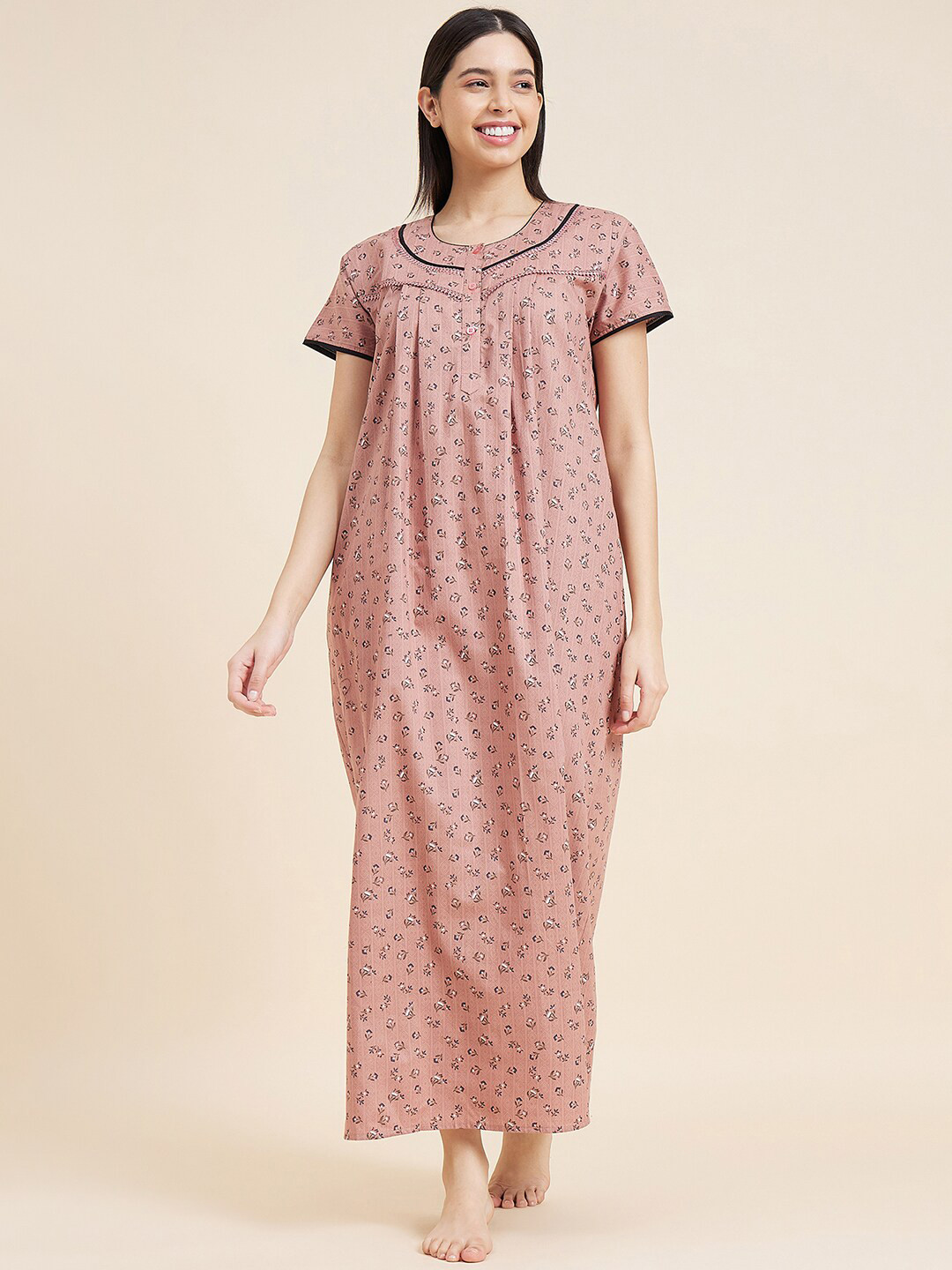 

Sweet Dreams Rose Floral Printed Round Neck Short Sleeves Maxi Nightdress