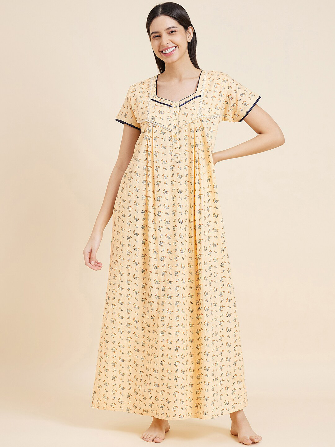 

Sweet Dreams Yellow Floral Printed Square Neck Short Sleeves Maxi Nightdress
