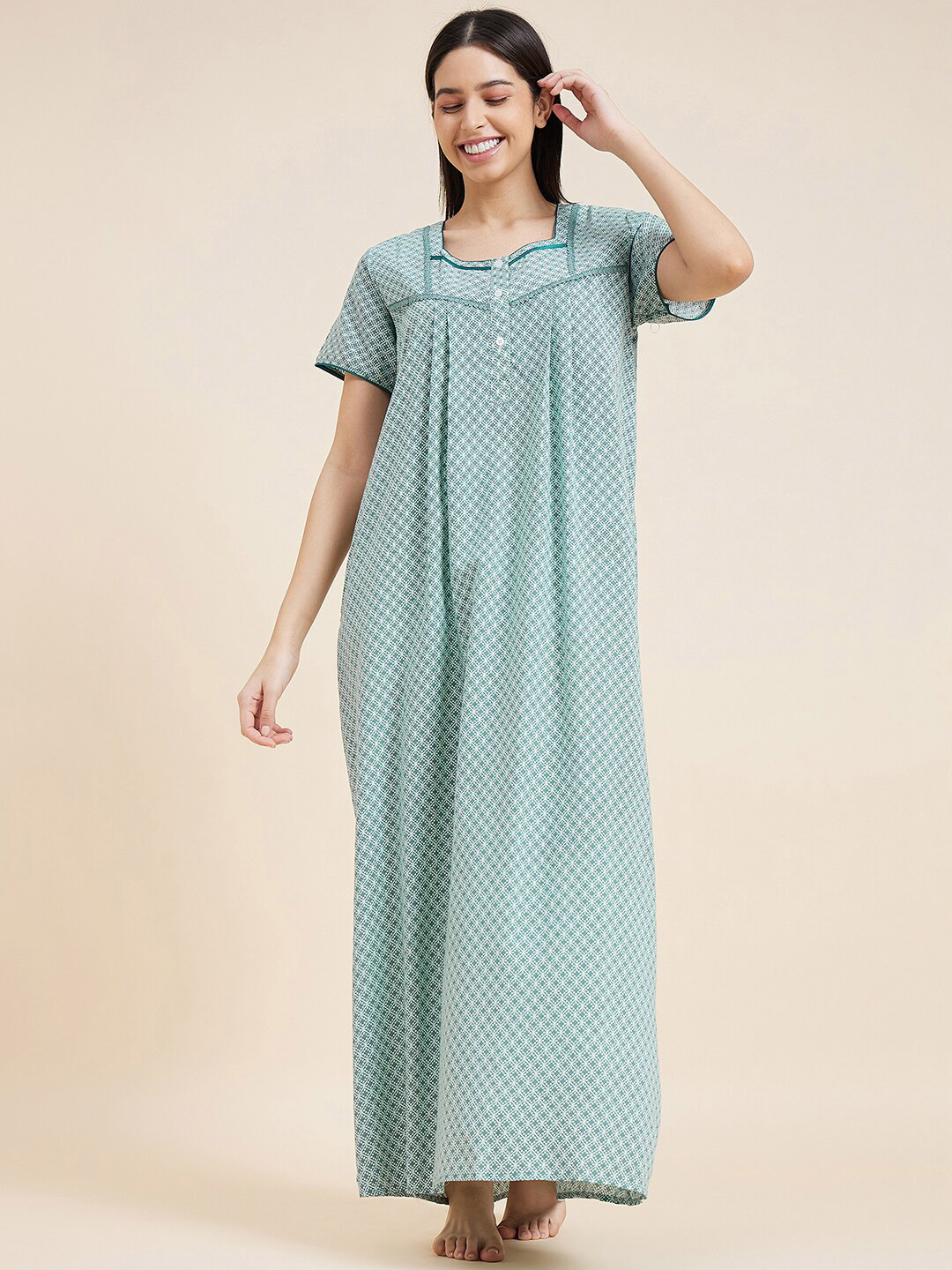 

Sweet Dreams Green Geometric Printed Square Neck Short Sleeves Maxi Nightdress