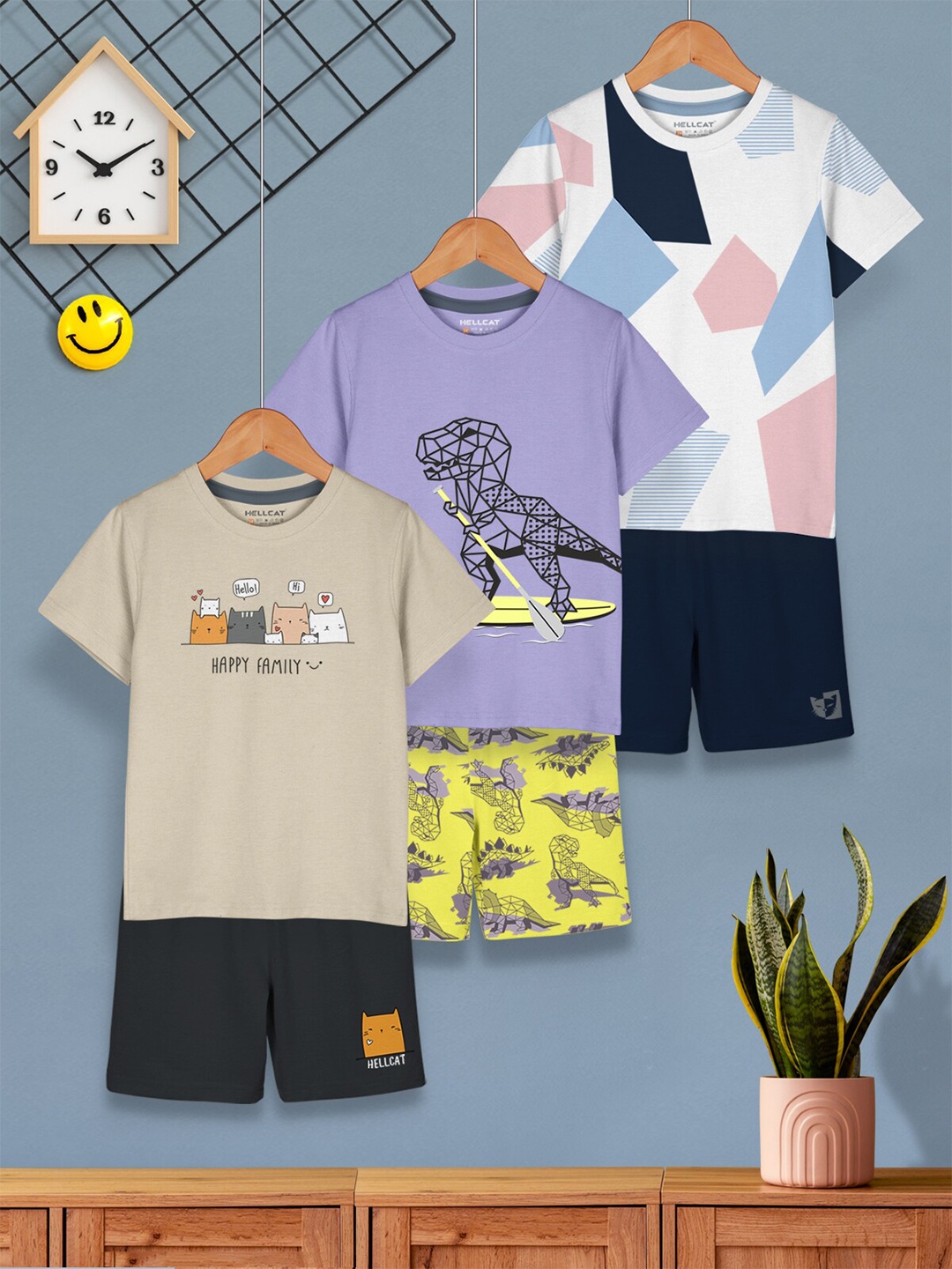 

HELLCAT Boys Pack Of 3 Printed T-shirt with Shorts, Beige
