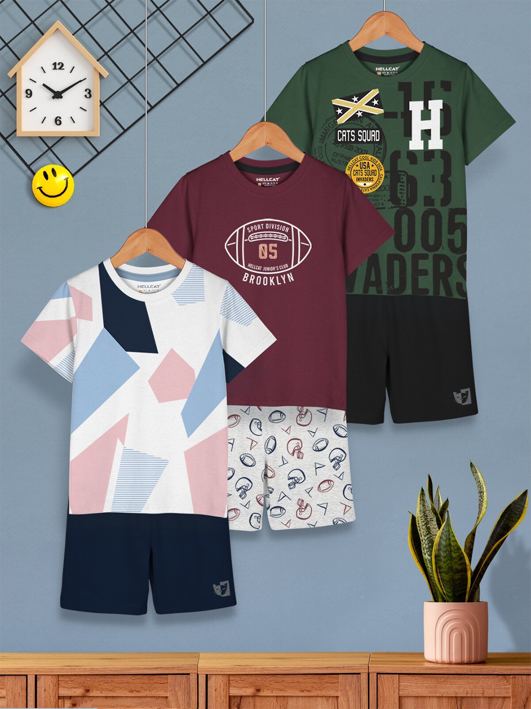 

HELLCAT Boys Pack Of 3 Printed T-shirt with Shorts, White