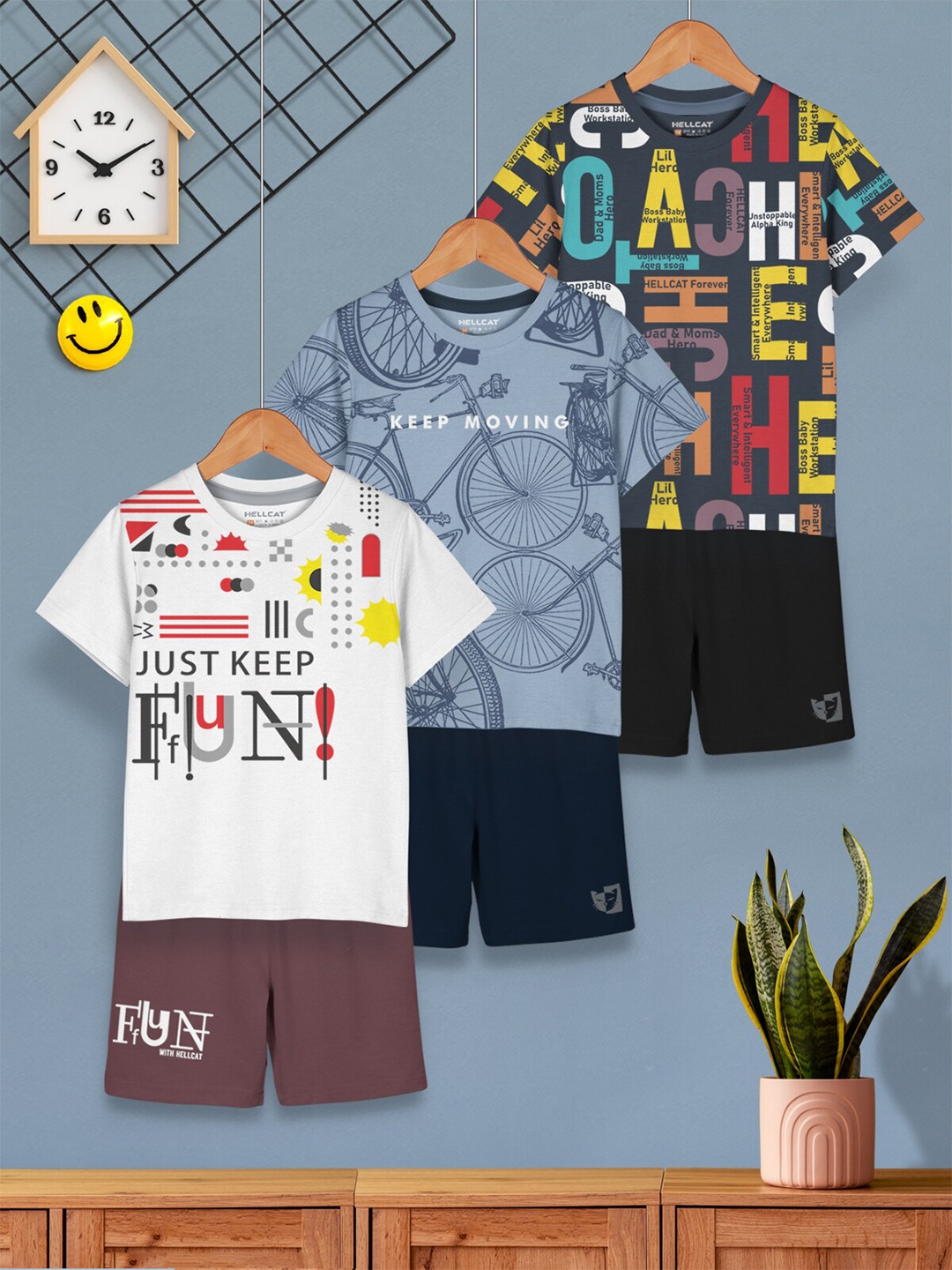 

HELLCAT Boys Pack Of 3 Printed Round Neck T-shirt with Shorts, Red