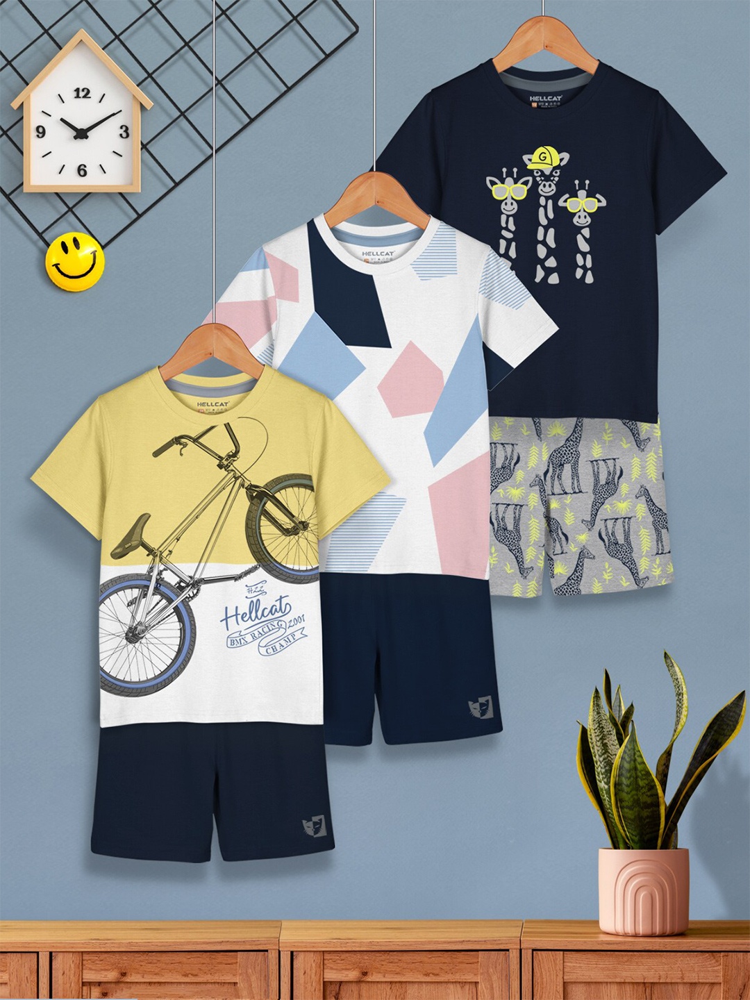 

HELLCAT Boys Pack Of 3 Printed T-shirt with Shorts, Yellow