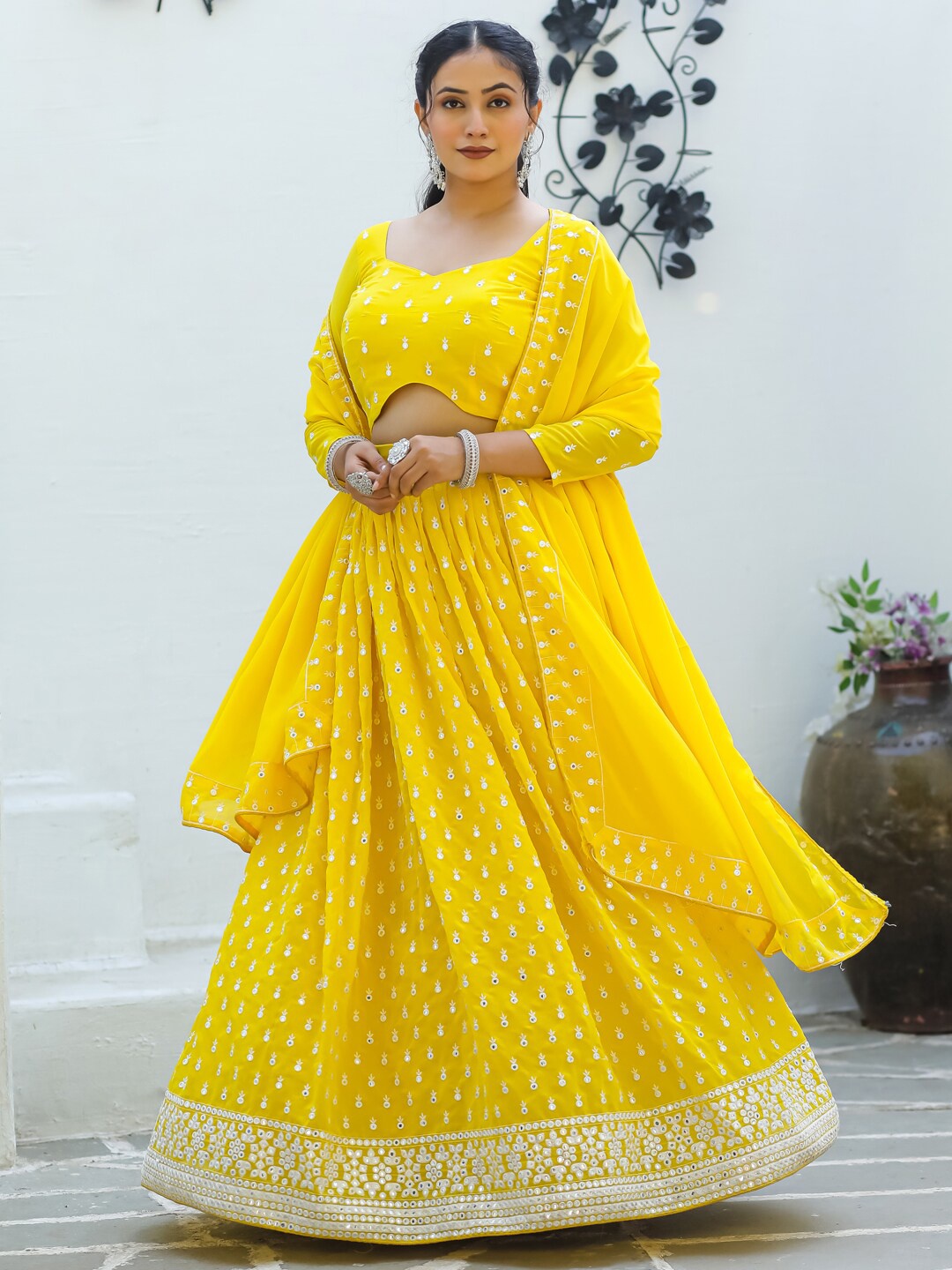 

TIKODI Embroidered Sequinned Semi-Stitched Lehenga & Unstitched Blouse With Dupatta, Yellow
