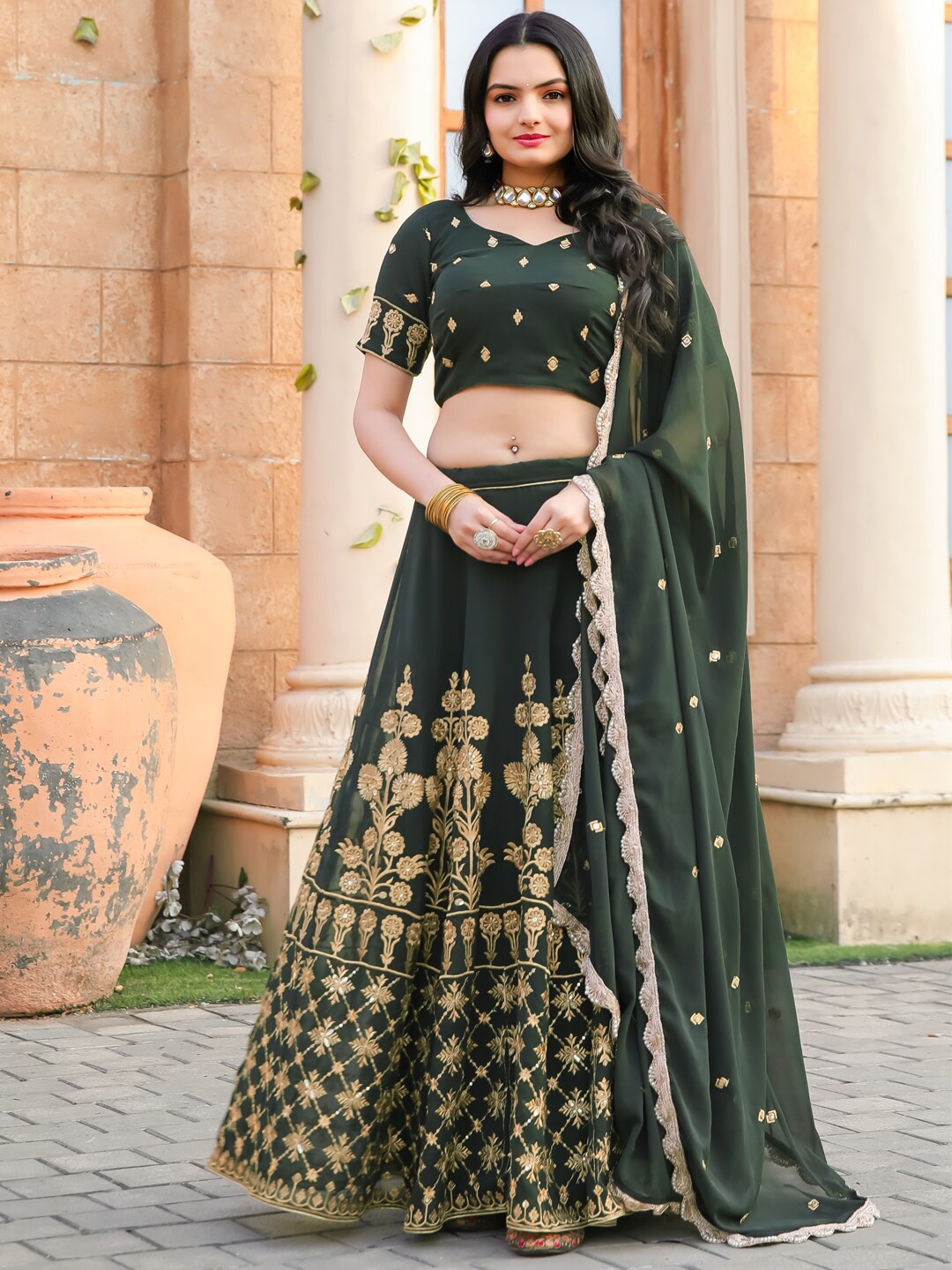 

TIKODI Embroidered Semi-Stitched Lehenga & Unstitched Blouse With Dupatta, Green