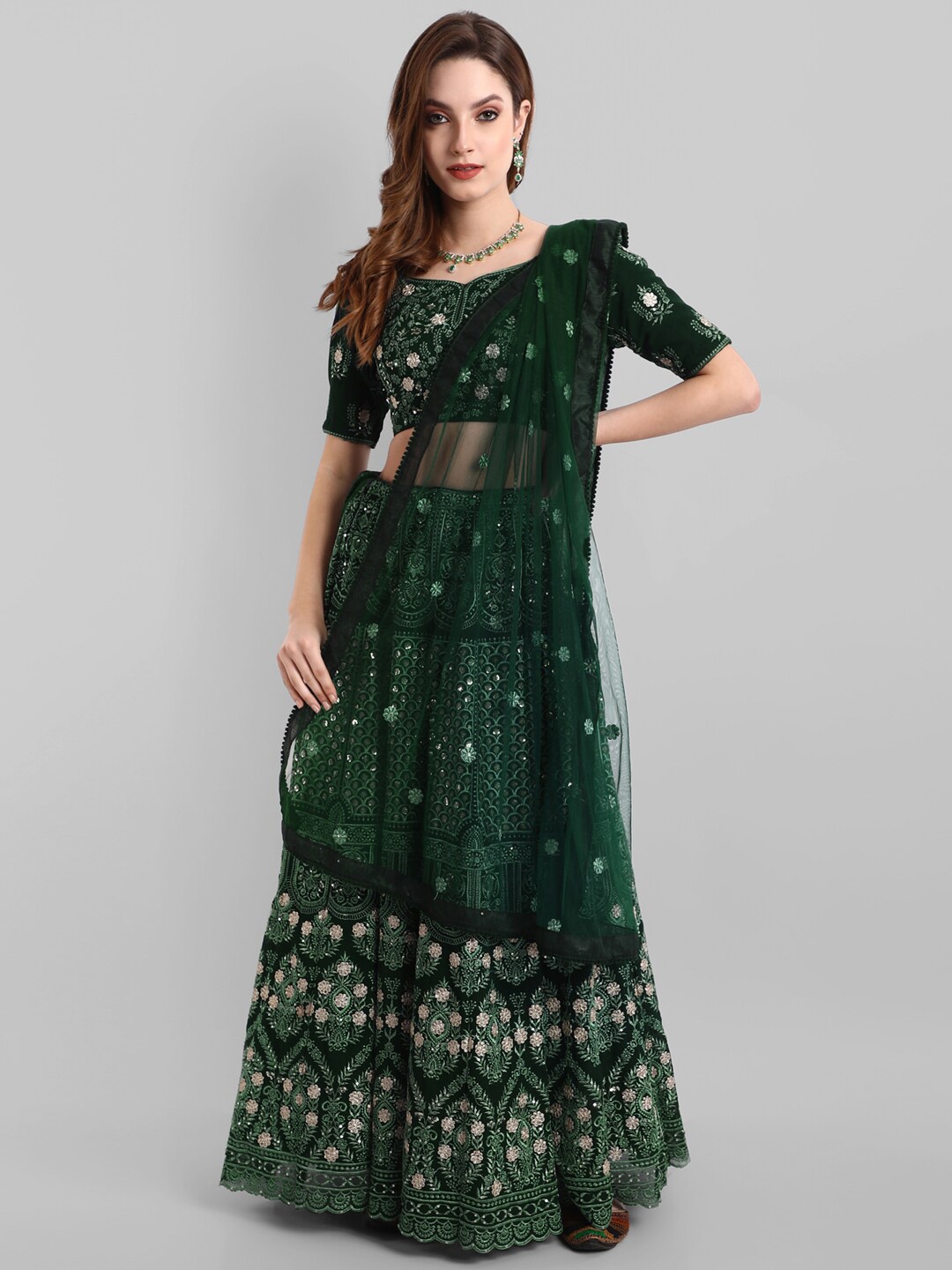 

TIKODI Embroidered Sequinned Semi-Stitched Lehenga & Unstitched Blouse With Dupatta, Green