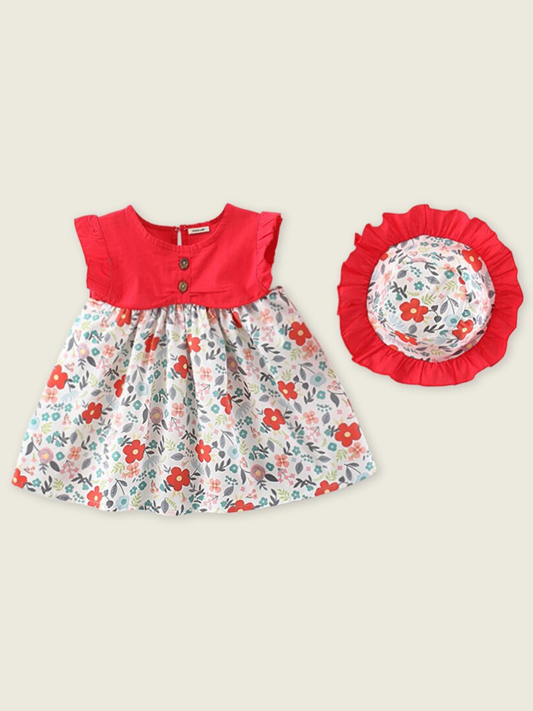 

INCLUD Girls Floral Print Bow Detailed Fit & Flare Dress with Hat, Red