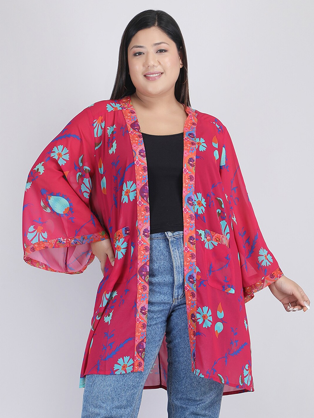 

SHAYE Plus Size Printed Longline Shrug, Fuchsia