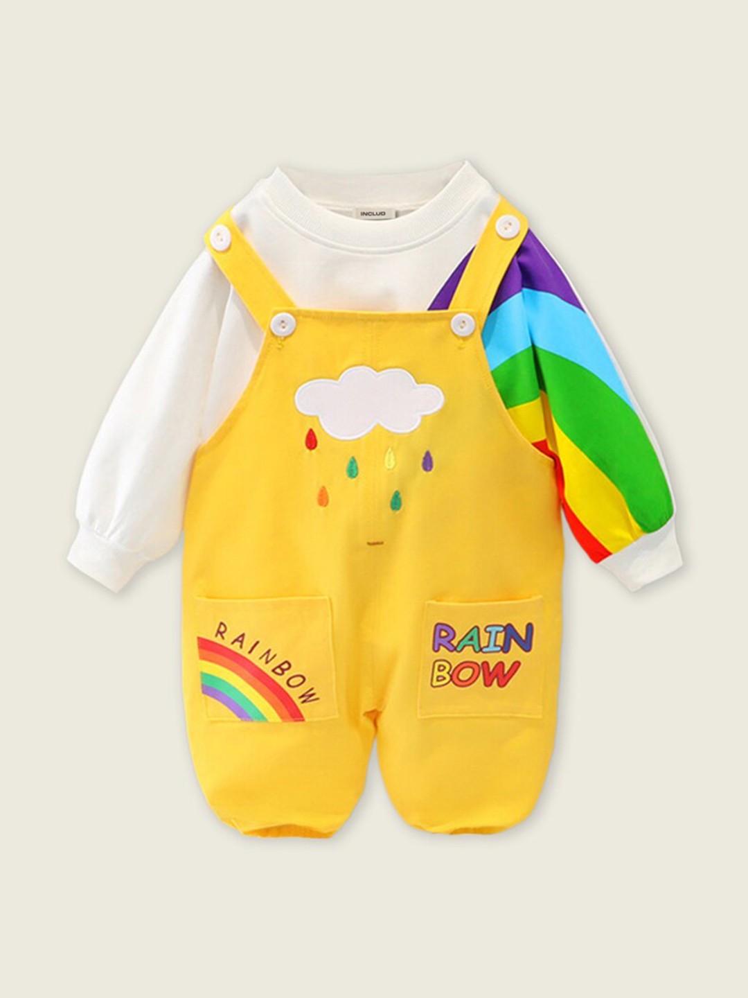 

INCLUD Boys Graphic Printed Cotton T-shirt With Dungarees, Yellow