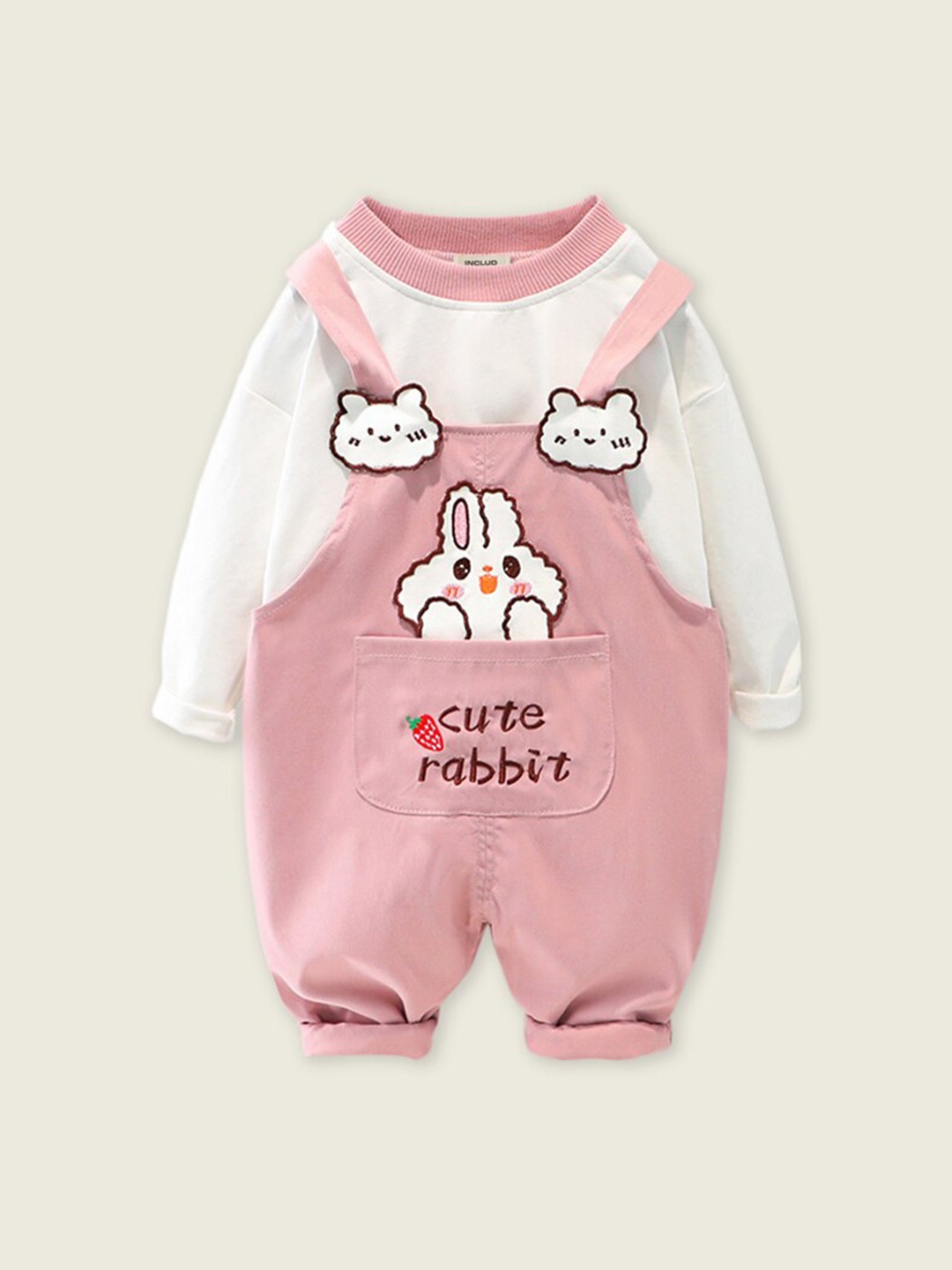 

INCLUD Boys Graphic Embroidered Cotton T-shirt With Dungarees, Pink