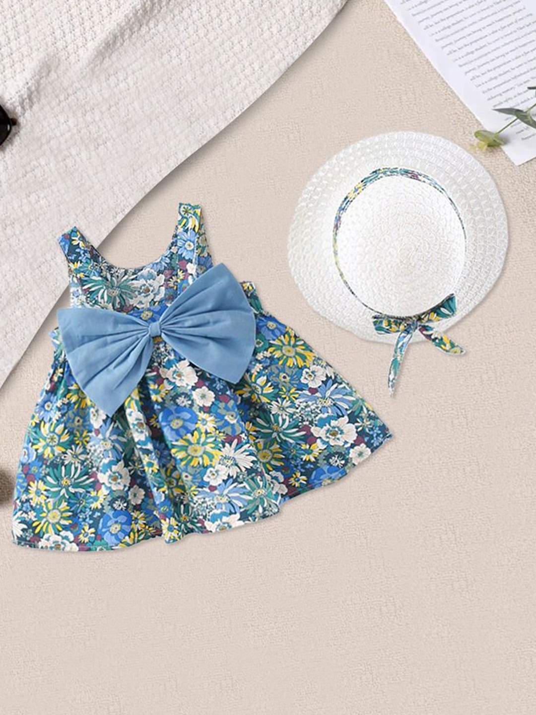 

INCLUD Girls Floral Print Bow Fit & Flare Dress with Hat, Blue
