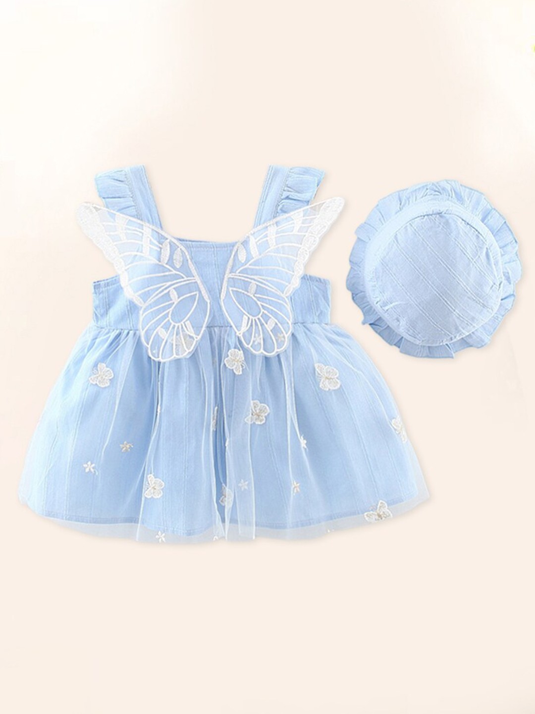 

INCLUD Girls Self Designed Net A-Line Dress With Hat, Blue