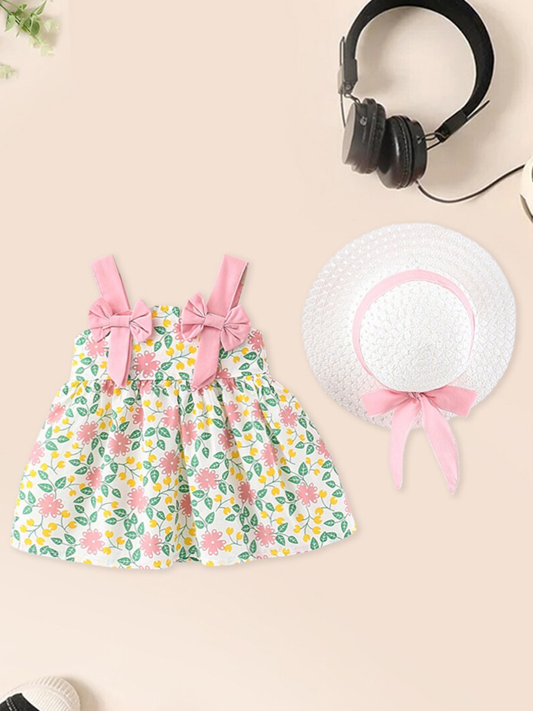 

INCLUD Girls Floral Print Bow Detailed Fit & Flare Dress with Hat, Pink