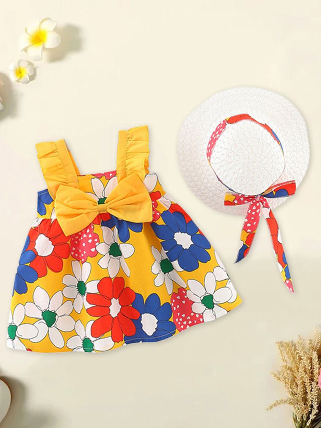 

INCLUD Girls Floral Print Bow A-Line Dress with Hat, Yellow
