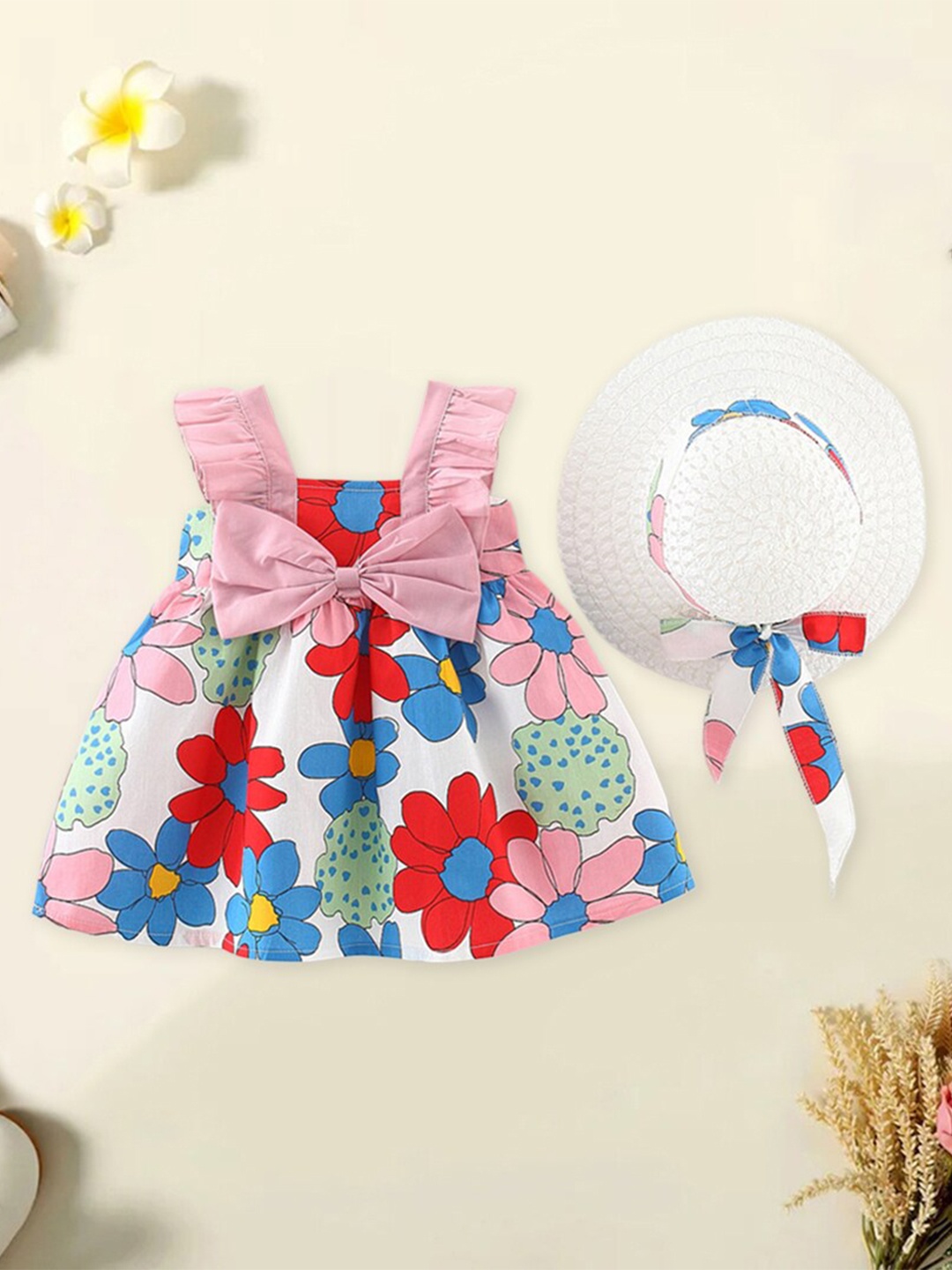 

INCLUD Girls Floral Printed Fit & Flare Dress With Hat, Red