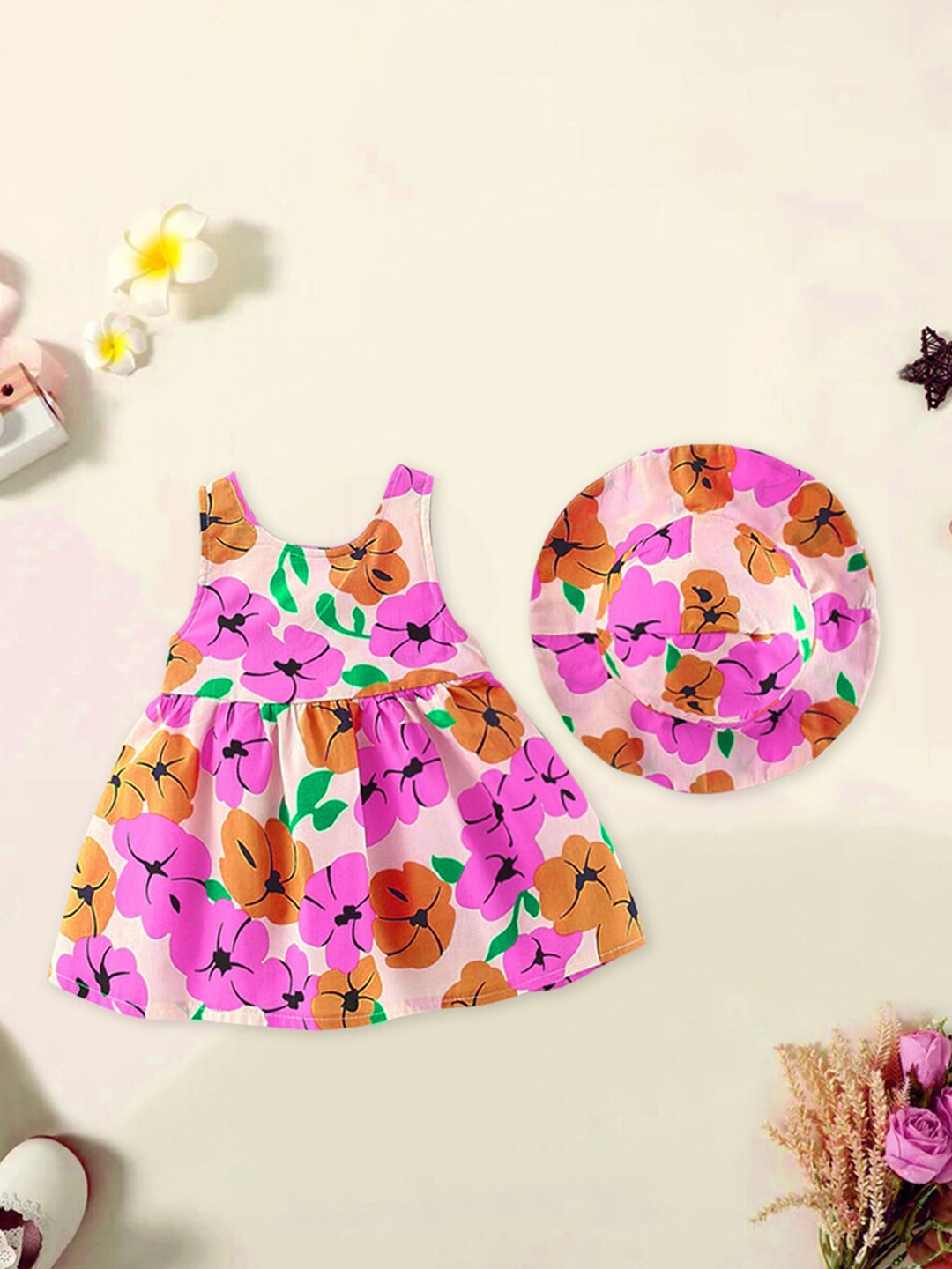 

INCLUD Girls Floral Print Bow Detailed Fit & Flare Dress with Hat, Purple