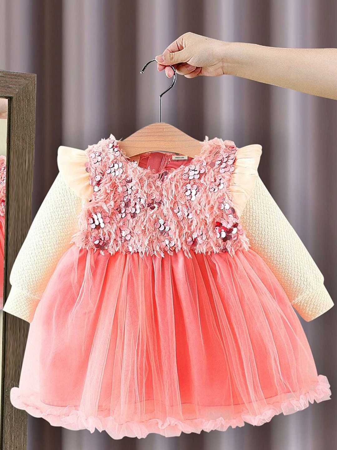 

INCLUD Girls Embellished Puff Sleeves Sequined Net Fit & Flare Dress, Pink