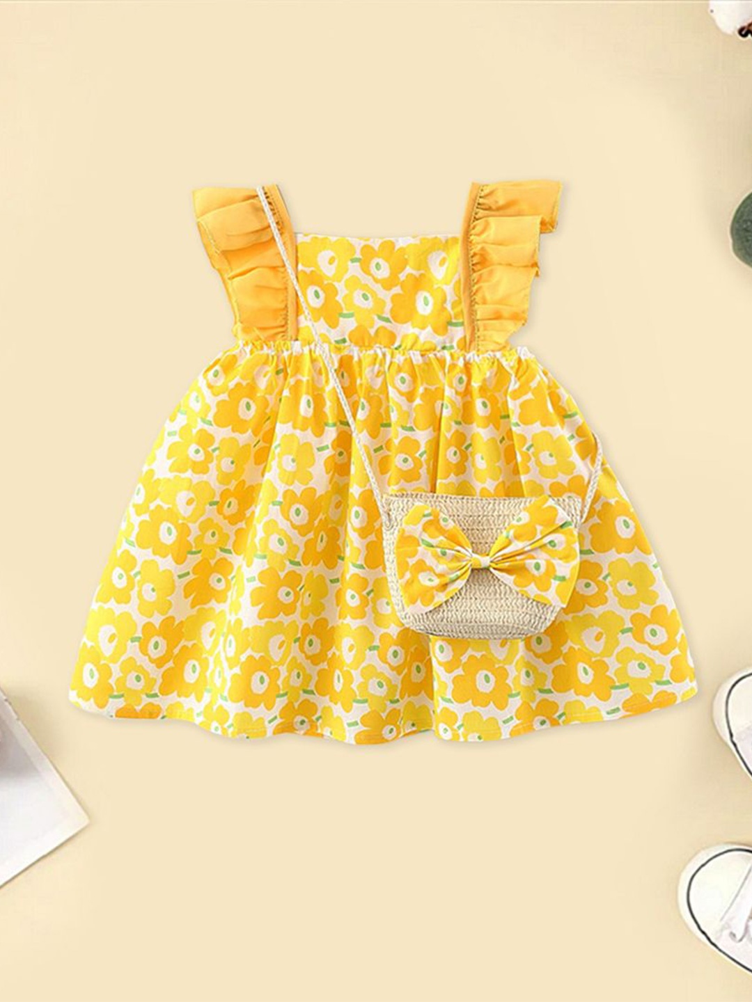 

INCLUD Girls Floral Print Ruffled Fit & Flare Dress with Sling Bag, Yellow