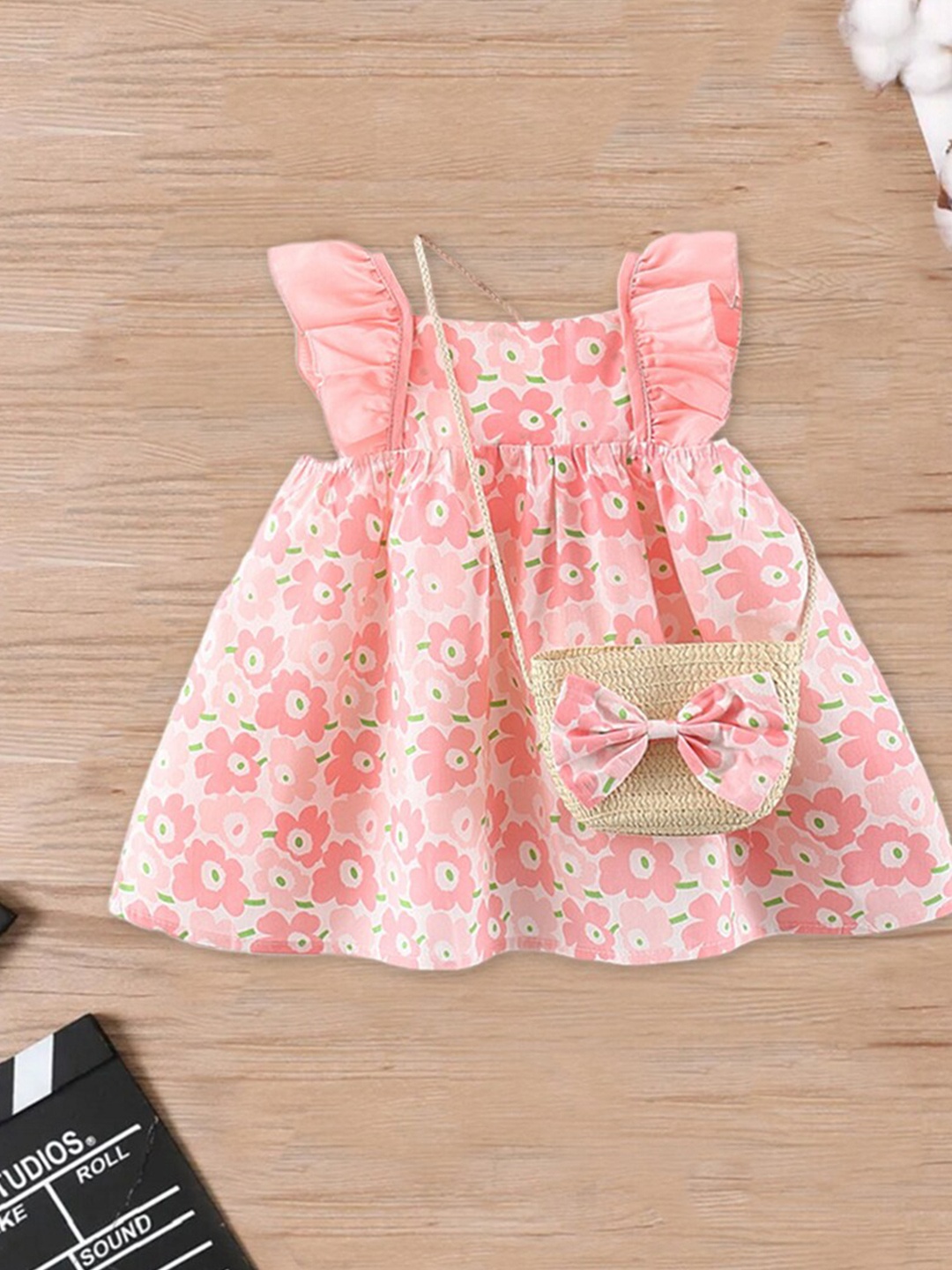 

INCLUD Girls Floral Printed Fit & Flare Flutter Sleeves Dress With Sling Bag, Pink