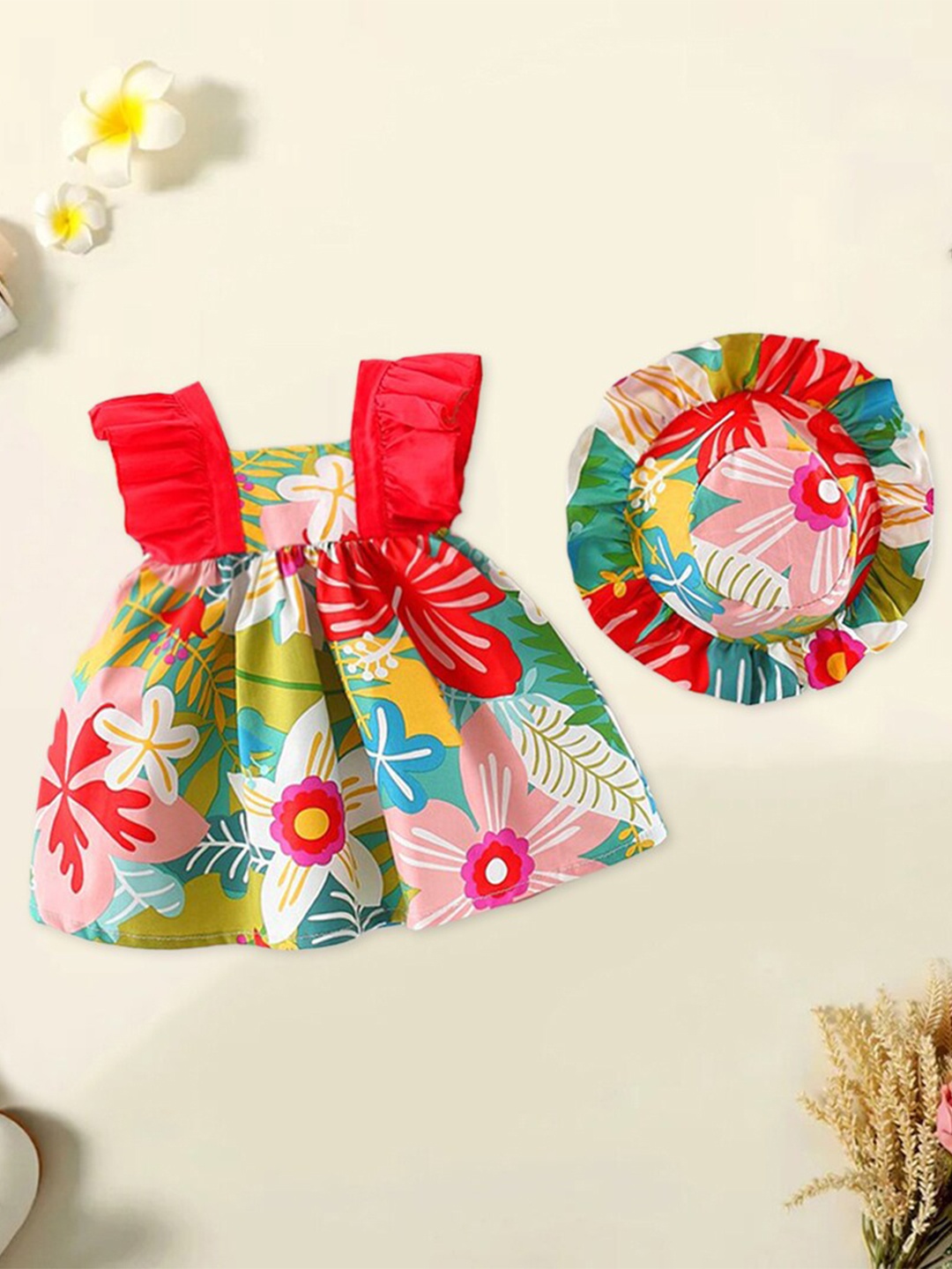 

INCLUD Girls Floral Print Fit & Flare Dress with Hat, Red