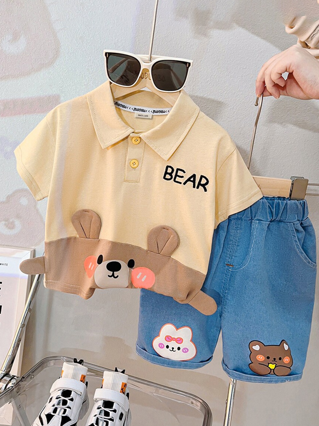

INCLUD Boys Teddy Bear Applique T-shirt With Denim Shorts, Brown