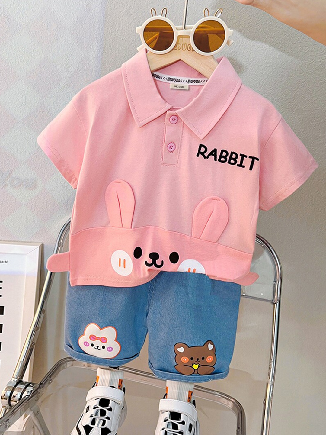 

INCLUD Boys Printed Cotton T-shirt with Denim Shorts, Pink