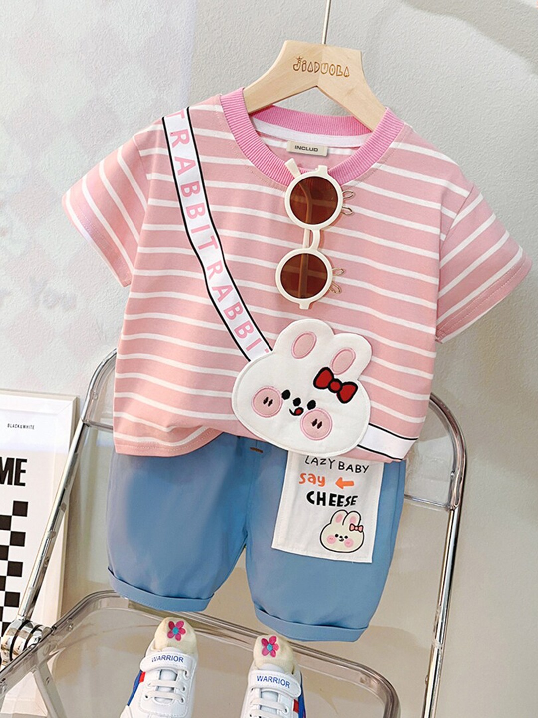 

INCLUD Boys Striped Round Neck T-shirt with Shorts, Pink