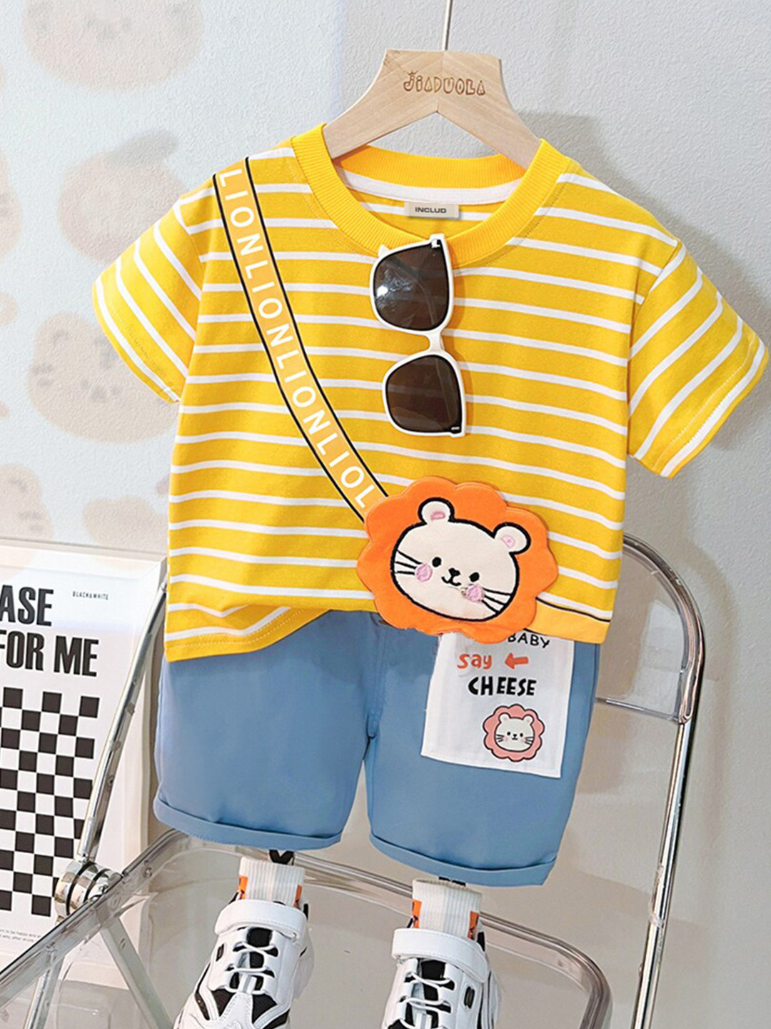 

INCLUD Boys Striped Round Neck T-shirt with Shorts, Yellow