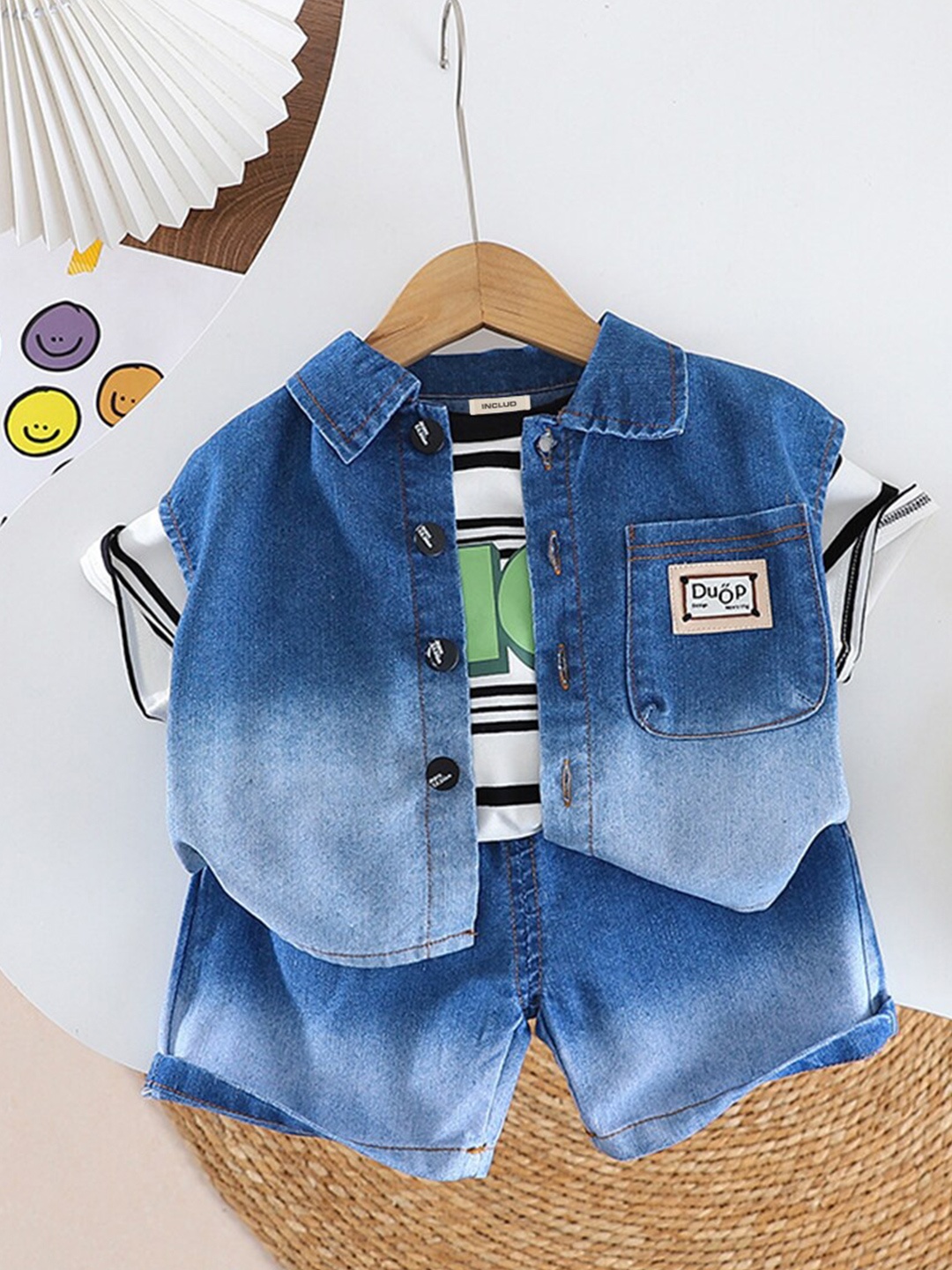 

INCLUD Boys Striped Round Neck T-shirt with Shorts & Denim Overshirt, Blue