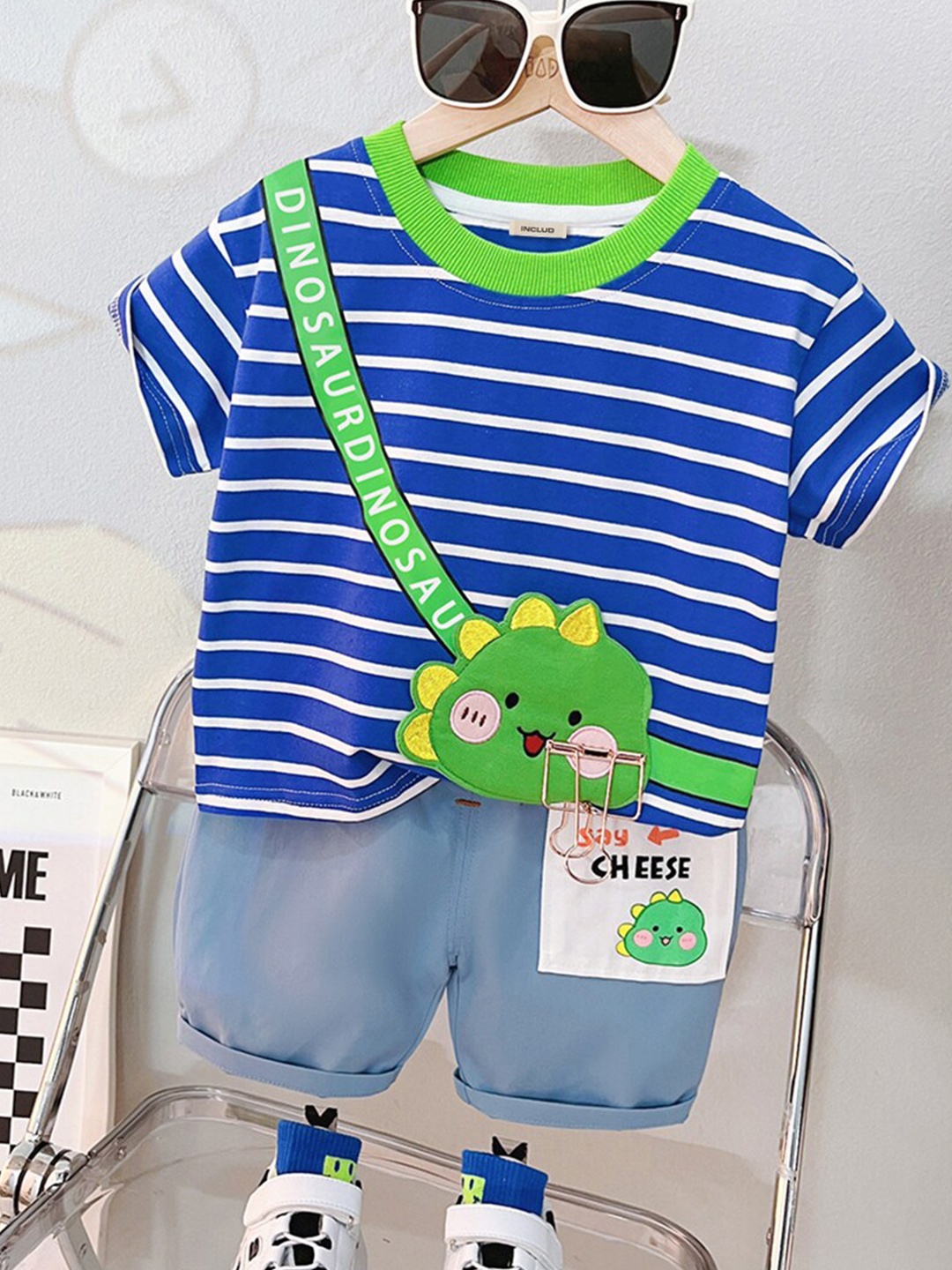 

INCLUD Boys Striped Round Neck T-shirt with Shorts, Blue