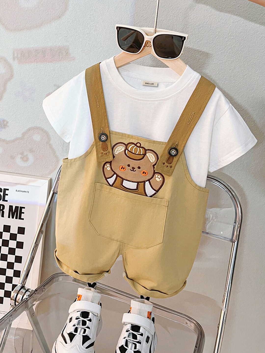 

INCLUD Boys Graphic Printed Cotton Dungaree With T-Shirt, Brown